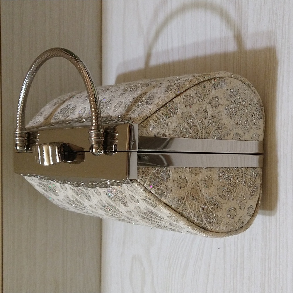 Wedding/Prom Clutch Bag with Corded White Lace, Rhinestones & Iridescent Sequins - Picture 6 of 8